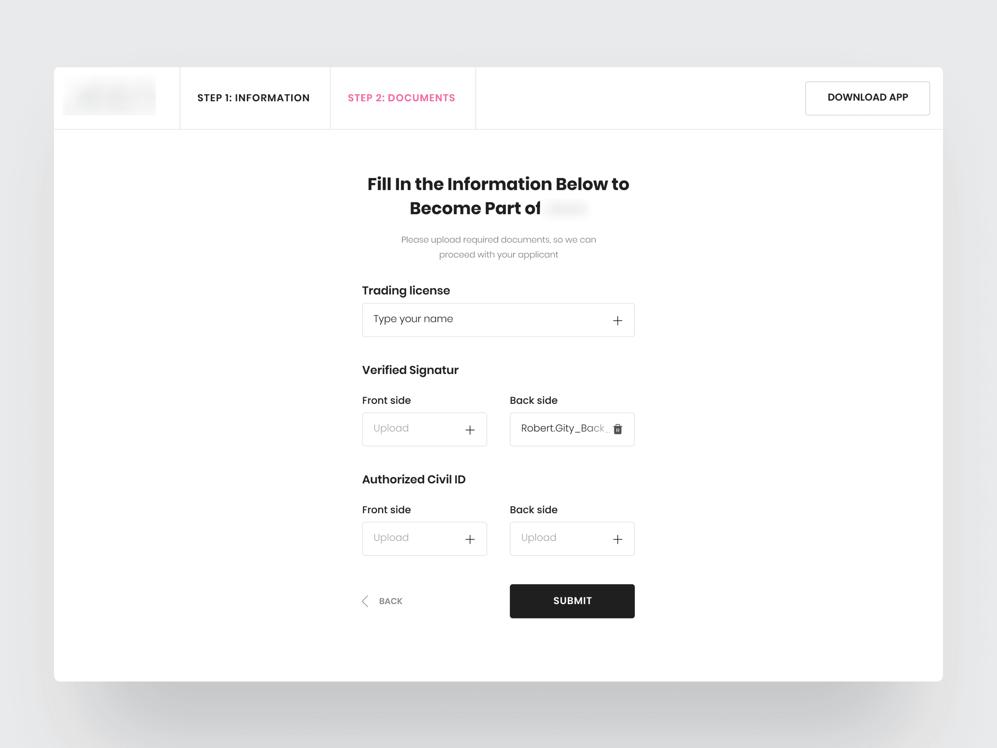 Example of the screen with registration form