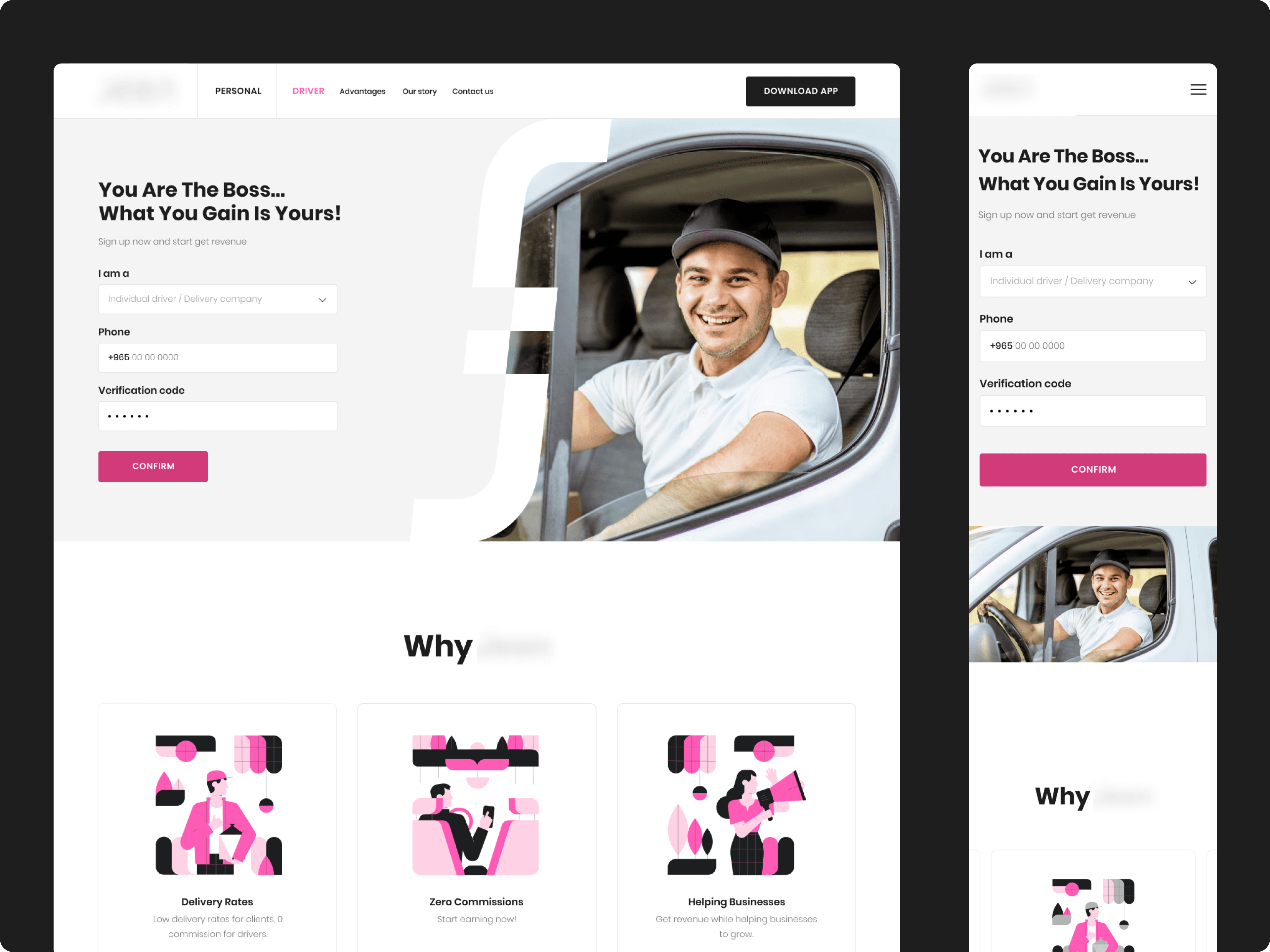 Screens of the webpages for drivers