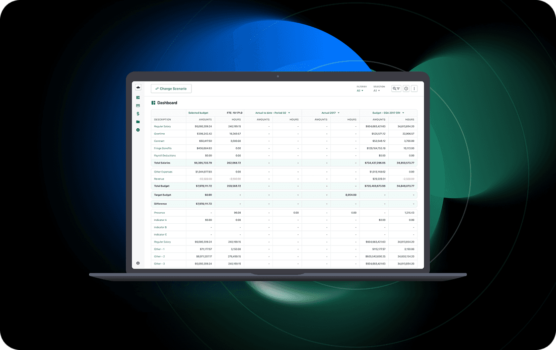 Opened laptop displaying a budgeting dashboard with a gradient background