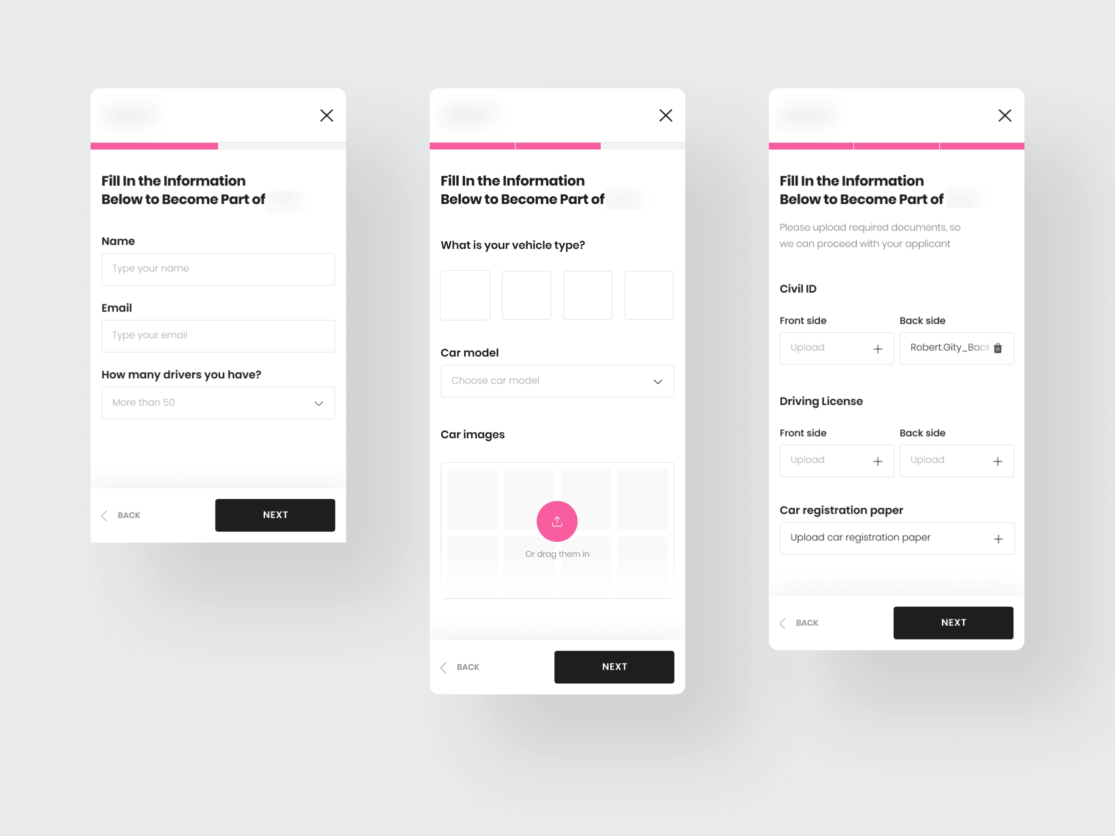 Mobile screens of the registration form